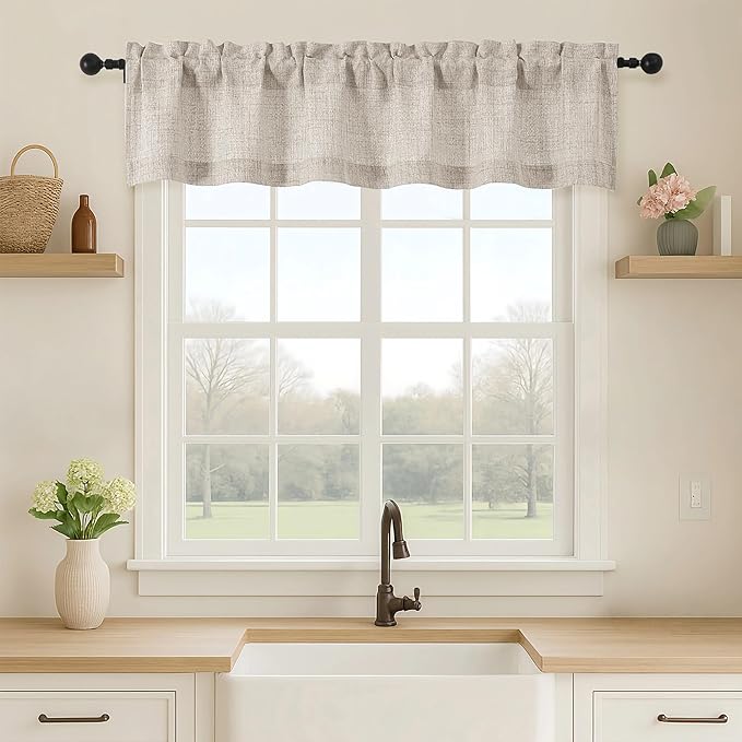 OVZME Valance for Windows, Light Filtering Faux Linen Textured Small Short Valance Kitchen Curtain, Dual Rod Pocket Top Short Window Curtain for Bathroom Basement Farmhouse, 52Wx12L Inch, Linen Color