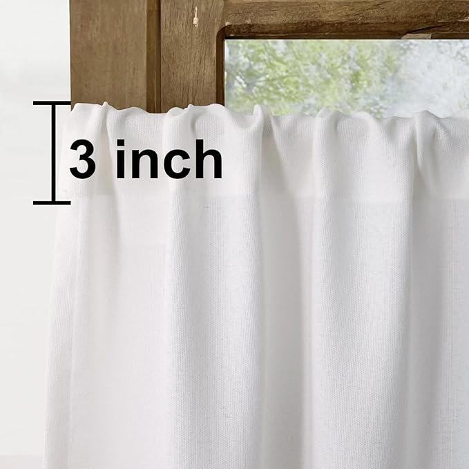 Faux Linen Kitchen Curtains 36 Inch Length Cafe Curtain Tiers for Living Room Bathroom Basement Windows Country Rustic Small Short Curtains, Set of 2, White