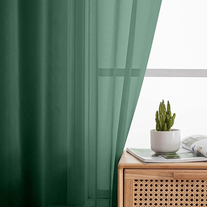 Hunter Green Valances for Windows, Sheer Curtains 14 Inch Length 2 Pack Kitchen Curtain, Modern Solid Mini Small Window Curtains for Cafe Bathroom Basement, Hunter Green, Each 42"Wx14"L Inch