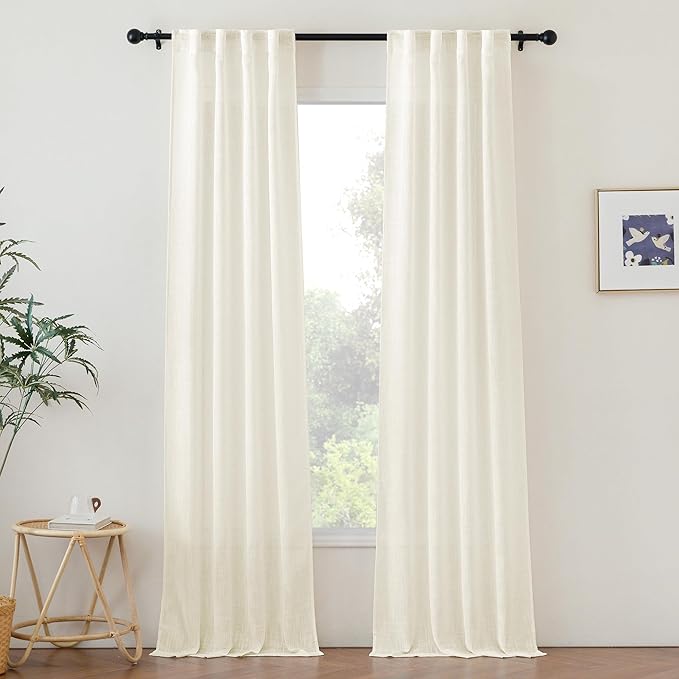 NICETOW Semi Sheer Linen Curtains for Living Room, Rod Pocket & Back Tab Window Treatments Faux Linen Blend Privacy with Light Filtering Drapes for Bedroom, Natural, 2 Panels, W34 x L90