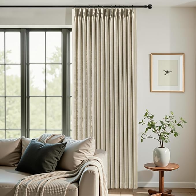 IVAPUPU Pinch Pleated Curtains 90 Inch Long 2 Panels for Living Room, Light Filtering Memory Trained Semi Sheer Linen Curtain with Rings Back Tab Drapes for Bedroom Nursery, 40W, Burlywood Birch