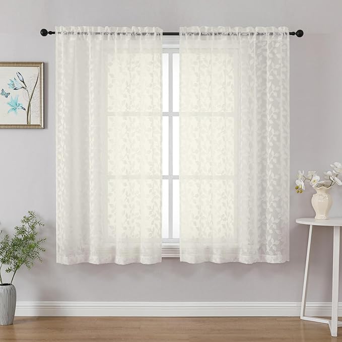 Chyhomenyc Ivory Short Curtains 45 Inch Length 2 Panels, Light Filtering Leaf Textured Window Curtain Panels for Bedroom Living Room, Elegant Rod Pocket Farmhouse Curtains, 30" Wx45 L, 2 PCS