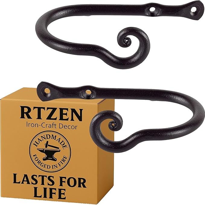 RTZEN Decorative Metal Curtain Tiebacks - Farmhouse Wrought Iron Curtain Holdbacks - Drapery Holders for Wall - Unique Metal Tie Backs for Curtains - 2 Pcs (Black Classic)
