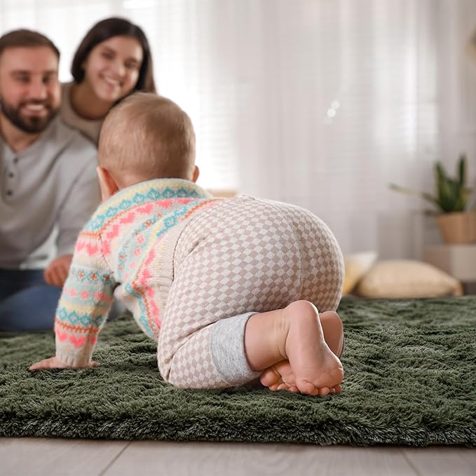 Goideal Fluffy Rug for Bedroom Living Room, 7x10 Olive Green Area Rugs, Faux Fur Shag Modern Carpet Ultra Soft Girls Boys Room Home Decor, Solid