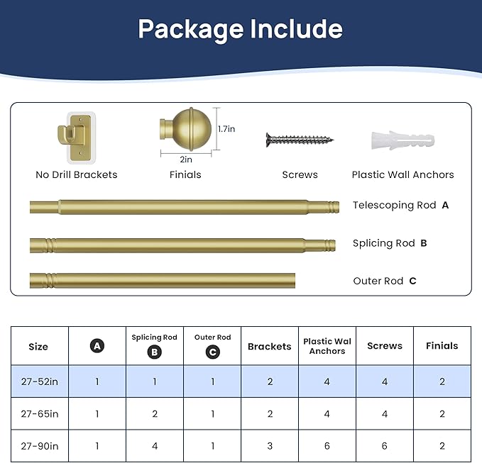 ENJOYBASICS No Drill Curtain Rods for Window 28 to 47 Inches, 5/8 Inch Diameter Renter Friendly Drapery Rod with Adhesive Brackets without Drilling, Adjustable from 27 to 52 Inches, Gold