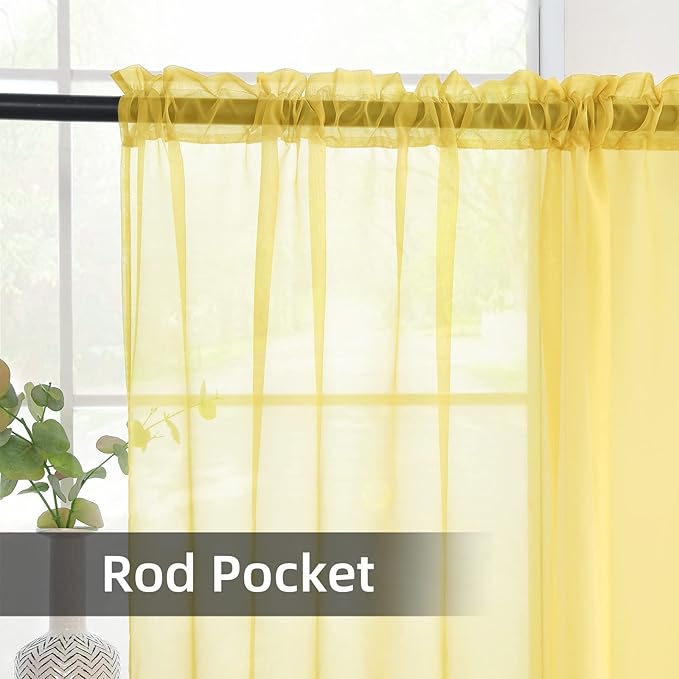 youleyar Solid Sheer Rod Pocket Curtain Voile Draperies 2 Panels White Beige Black Grey Coffee 52 Inch Width 72 Inch Long 1 Pair for Kitchen Bedroom Children Living Room Yard (Yellow,52Wｘ72L)