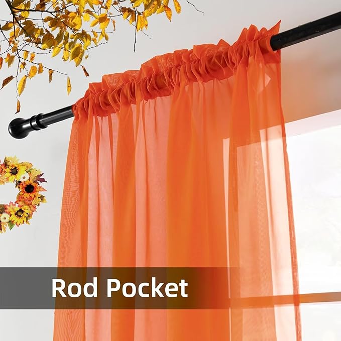 youleyar Solid Sheer Rod Pocket Curtain Voile Draperies 4 Panels White Beige Black Grey Ivory 52 Inch Width 63 Inch Long 1 Pair for Kitchen Bedroom Children Living Room Yard(Burnt Orange,52 Wｘ63 L)