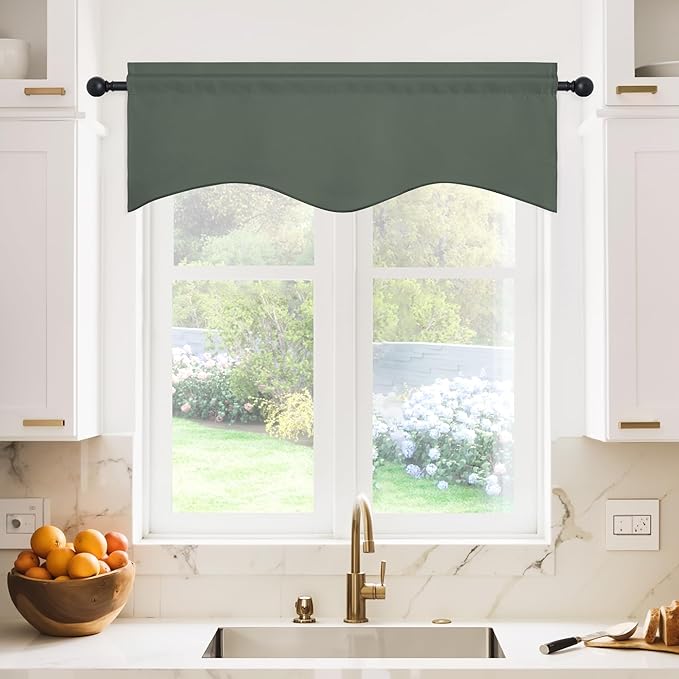NICETOWN Blackout Scalloped Valances for Cafe & Loft - Rod Pocket Window Treatment Tiers/Drapes for Living Room Christmas Decoration (Dark Mallard, 2 Panels, 42 inch Wide x 18 inch Long)