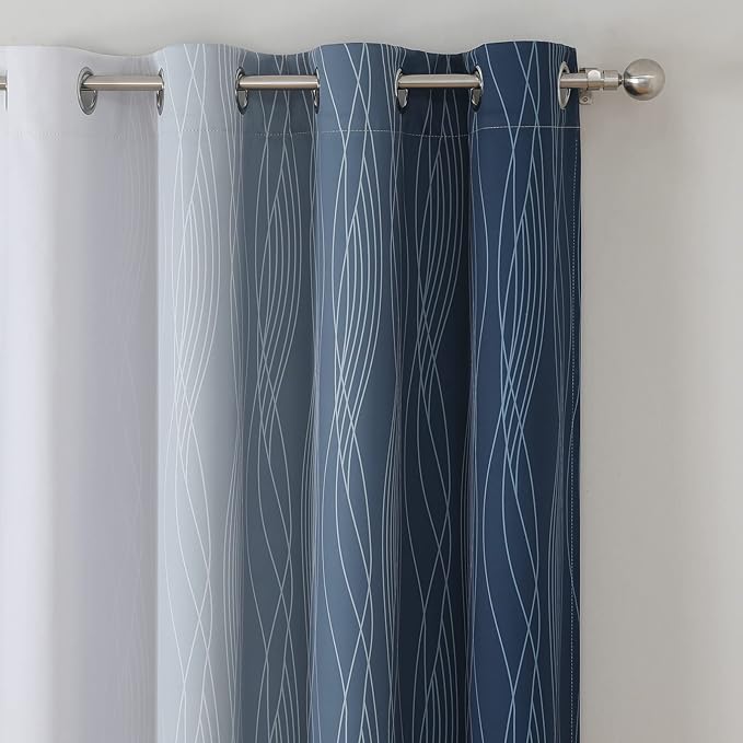 Estelar Textiler Blackout Curtains 102 Inches Long 2 Panels for Living Room, Navy Blue and Greyish White Thermal Insulated Full Light Blocking Ombre Grommet Drapes for Bedroom, 52Wx102L