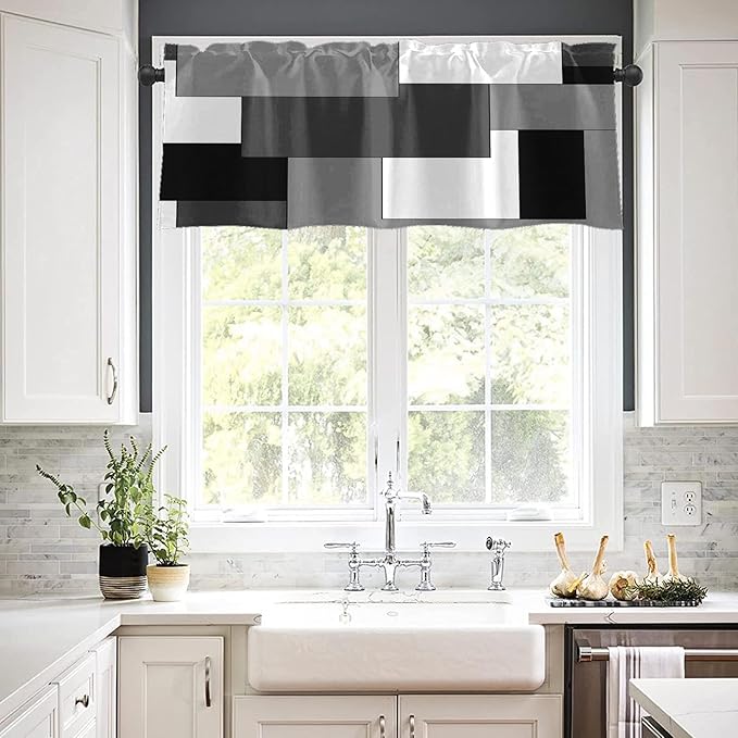 Emvency 4 Pack Valances Window Treatments, Gray and Black Geometry Abstract Modern Art Blackout White Adjustable for Living Room Bathroom Kitchen Over Sink, 52x18 Inch Rod Pocket Valances