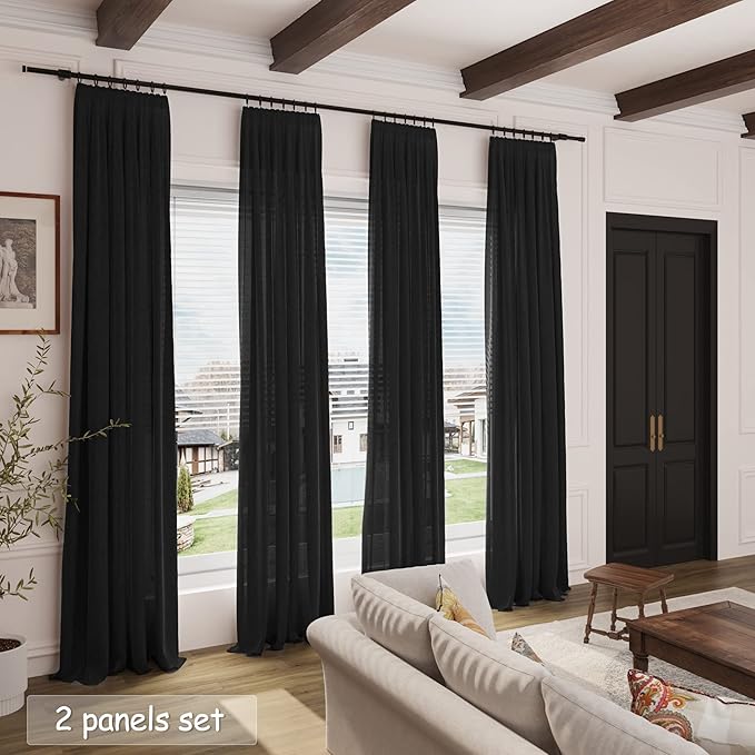 Nanspring Black Linen Blend Semi Sheer Curtains 86 Inches Long 2 Panel Set Pocket Back Tab Privacy Decorative Decor Curtain Drapes for Bedroom Living Room 52x86