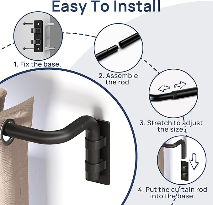 ENJOYBASICS Blackout Curtain rod for windows 48 to 84, 5/8 in Wrap Around Curtain Rods for Bedroom, Living Room, Adjustable from 30 to 86 Inches, Matte Black