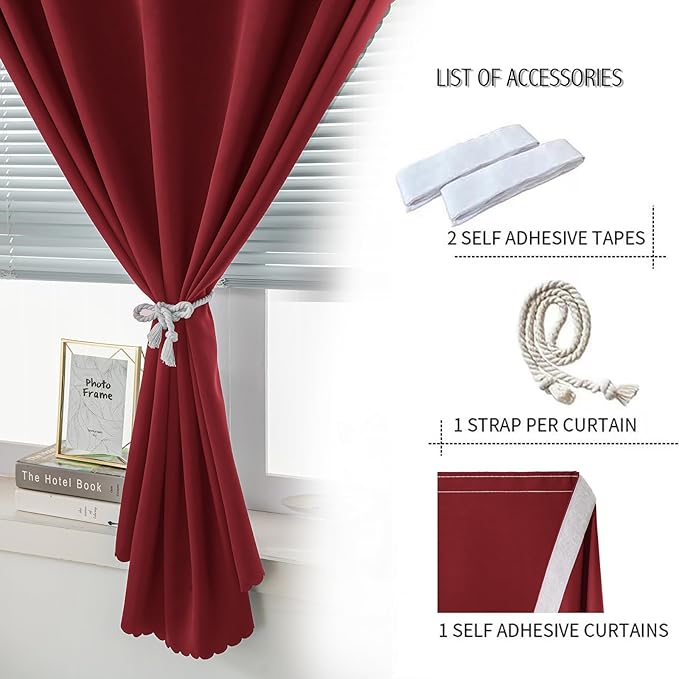 Self Adhesive Curtains, Stick Curtain Blackout Shades Window Cover Curtains for Living Room No Drilling, 59" W X 59" L, Burgundy, 1 Panel