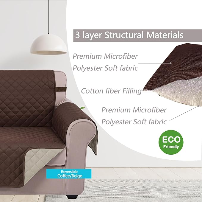U-NICE HOME Loveseat Sofa Cover Reversible Couch Covers for Dogs Friendly with Elastic Straps Water Resistant Furniture Protector for Couch Cover for 2 Cushion (Loveseat, Coffee/Beige)