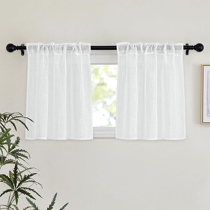 NICETOWN Semi Sheer Short Curtains for Kitchen 24 inches Long, Rod Pockets & Back Tab Linen Blend Privacy with Light Filtering Small Window Treatments for Nursery/Cafe, W29 x L24, 2 Panels, White