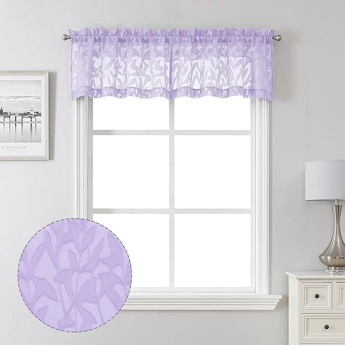 Lecloud Leia Light Purple Sheer Curtains 14 Inch Length 2 PCS, Dual Rod Pockets Living Room Window Short Curtains Valances, Jacquard Clip Textured Leaf Bedroom Decor, 38 W x 14 L