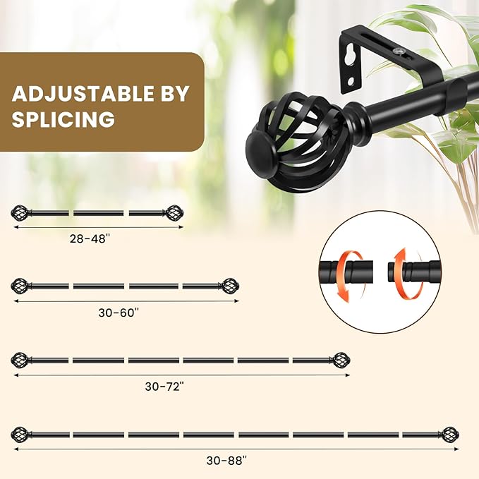 Luvenia Black Decorative Curtain Rod,Adjustable Curtain Rods For Windows 30 to 88 Inch(2.5-7.3Ft),Long Curtain Rod For Bedroom, Living Room,Kitchen,Farmhouse