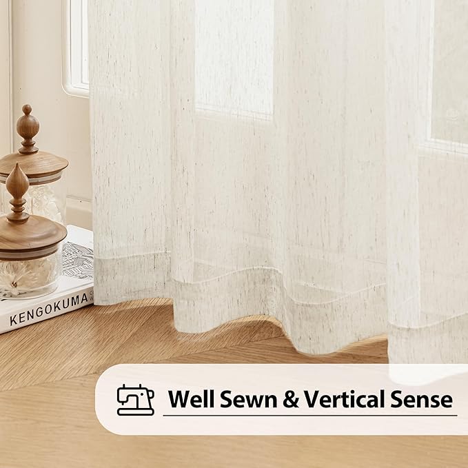 FMFUNCTEX Linen Sheer Curtains for Living Room, Beige Curtains 96 inches Long for Bedroom, Natural Flax Blend Window Draperies for Farmhouse Curtain, Rod Pocket 2 Panels