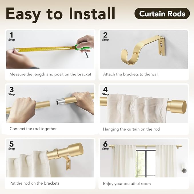IFELS 2 Pack Curtain Rods for Windows 48 to 84 Inch, 1 Inch Gold Curtain Rod for Farmhouse, Bedroom, Kitchen, Living Room, Adjustable Easy Install Curtains Rods(Gold,30"-90"-2Pack)