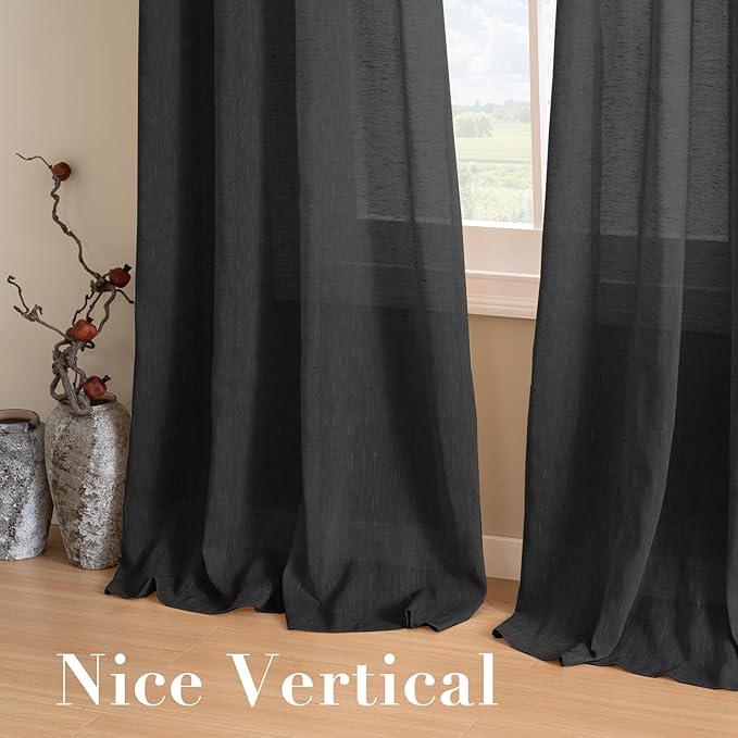 H.VERSAILTEX Linen Curtains Natural Blended Curtain Panels for Living Room/Light Reducing Linen Semi Sheer Curtains 72 inch Length 2 Panels Set Nickel Grommet Window Panels, 52" x 72", Black