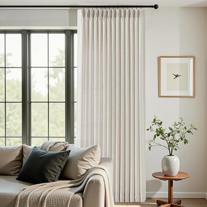 IVAPUPU Natural Pinch Pleated Curtains 84 Inch Length for Living Room, Light Filtering Extra Wide Semi Sheer Linen Blend Curtain Back Tab with Hooks Rings Privacy Drapes for Bedroom, 70Wx84L, 1 Panel
