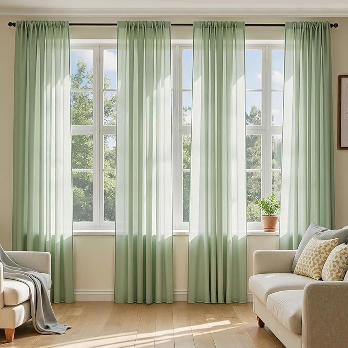 MIULEE Sage Green Sheer Curtains 63 Inches Long, 4 Panels Set, Light Filtering Rod Pocket Voile Drapes Window Treatments, Semi Transparent Airy Fabric for Bedroom and Living Room, 42 x 63 Inches