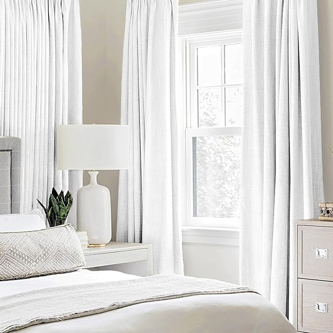 MIULEE 100% Blackout Linen Textured Curtains for Bedroom Solid Thermal Insulated Bright White Grommet Room Darkening Curtains & Drapes Luxury Decor for Living Room Nursery 52 x 108 Inch (2 Panels)