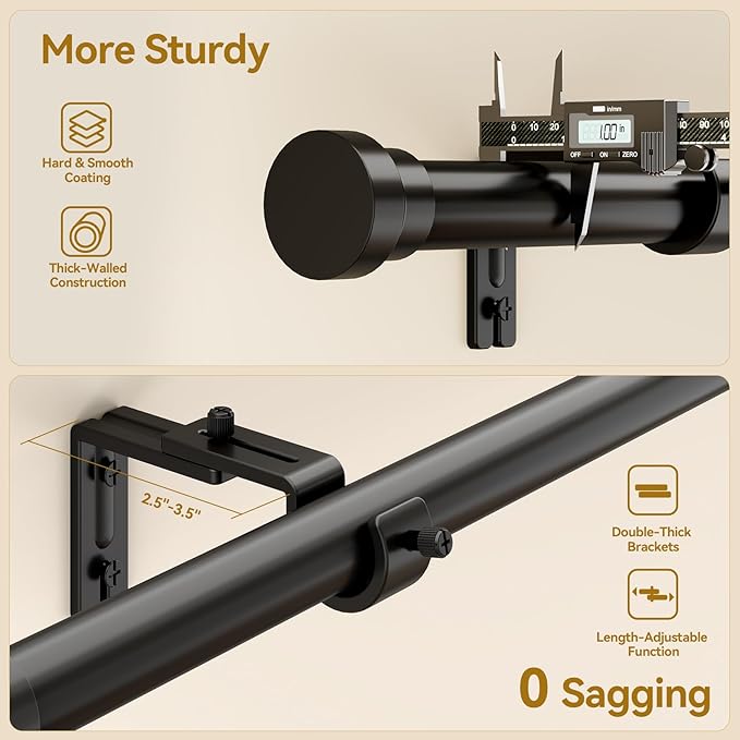YaFex Curtain Rods 2 Pack 32-58 Inch, Heavy Duty 1 Inch Curtain Rod, Black Short Adjustable Window Treatment Rods, Modern Design, Easy Installation