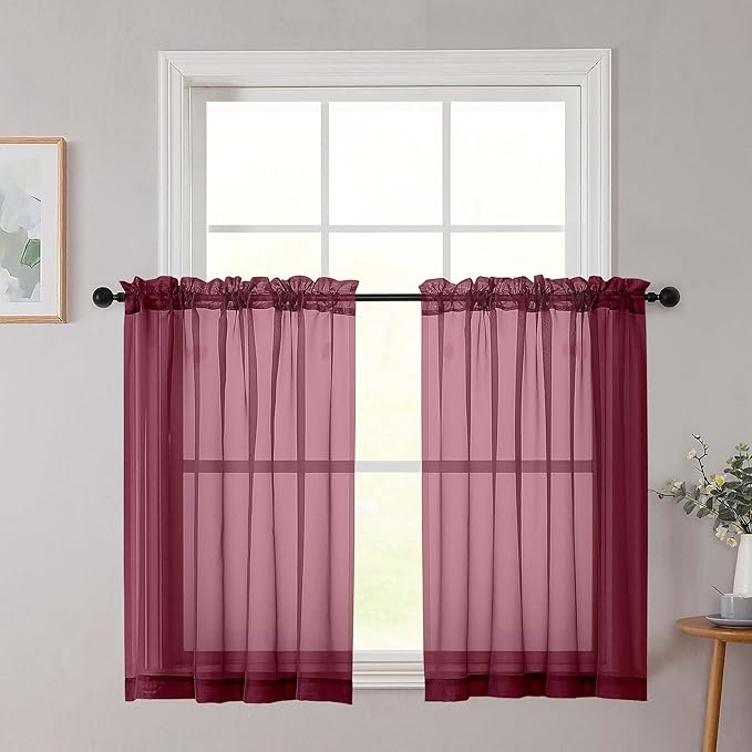 Cafe Curtains 36 Inch Length Tier 2 Pieces, Modern Soft Airy Sheer Kitchen Short Curtains for Small Window, Rod Pocket Small Curtain for Bathroom Basement, Burgundy, Each, 42" Wx36 L Inches