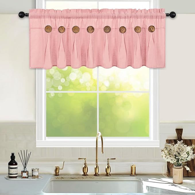 FRAMICS Farmhouse Valance Curtains, Boho Cotton Linen Kitchen Valance, Pink Rustic Button Window Valances for Kitchen Bathroom, Country Rod Pocket Valances for Windows, Pink, 52 x 18 Inch