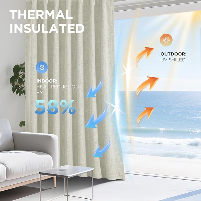 Joydeco Linen Blackout Curtains for Bedroom - 100% Light Blocking 1 Panels, Light Beige Drapes 100" W x 120" L, Thermal Insulated Room Darkening Curtains for Living Room, Rod Pocket & Back Tabs