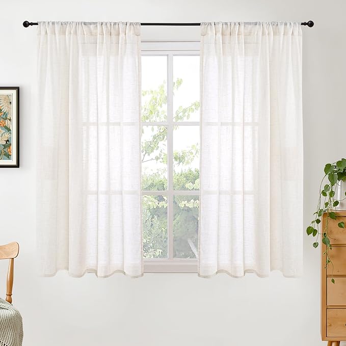 BGment Short Linen Curtains 54 Inch Length for Living Room - Rod Pocket Light Filtering Drapes Semi Sheer Textured for Bedroom Country Decorative Lightweight Natural Rustic, 2 Panels Set, 42 X 54 Inch