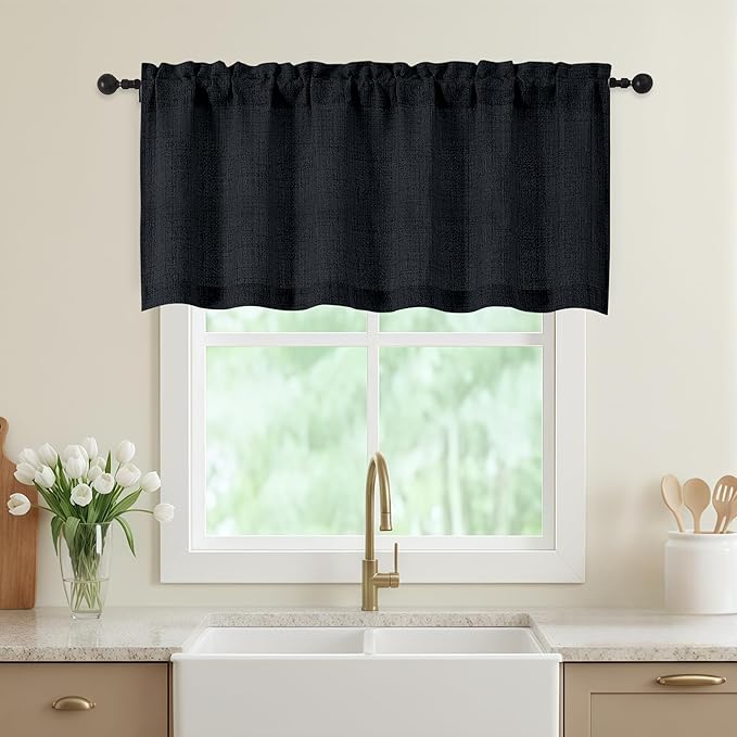 Black Valances for Windows, Light Filtering Faux Linen Textured Small Short Window Curtain for Bathroom Basement Farmhouse, Rod Pocket Top Half Curtains for Windows, 60Wx22L Inch