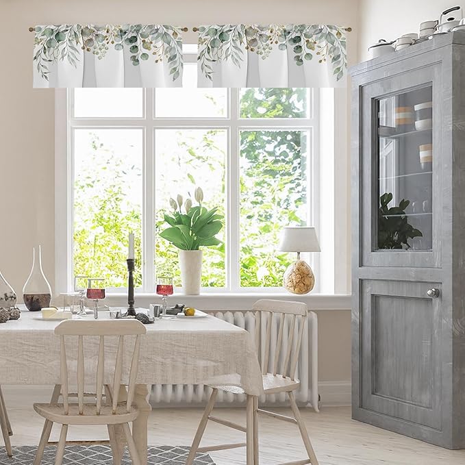 Emvency 4 Pack Valances Window Treatments, Green Eucalyptus Leaves Summer Blackout Adjustable Valances for Living Room Bathroom Bedroom Kitchen Over Sink, 52x12 Inch Rod Pocket