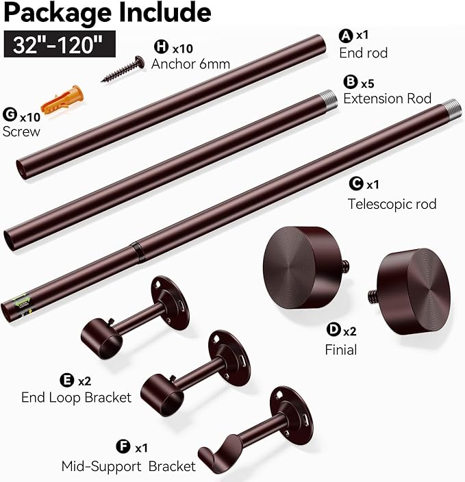 YaFex Heavy Duty Curtain Rods 32-120 Inch, 1 Inch Adjustable Bronze Curtain Rod for Windows, Long Window Treatment Rods with Aluminium Finials, Easy Installation