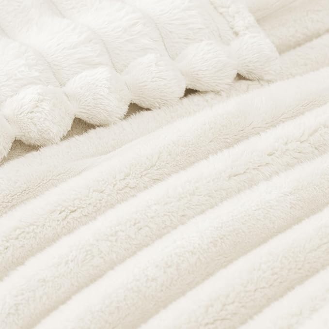 Exclusivo Mezcla Twin Size Flannel Fleece Blanket, Super Soft Striped Jacquard Bed Blanket, Lightweight Fuzzy Cozy for All Seasons, 60x80 Inches, Ivory