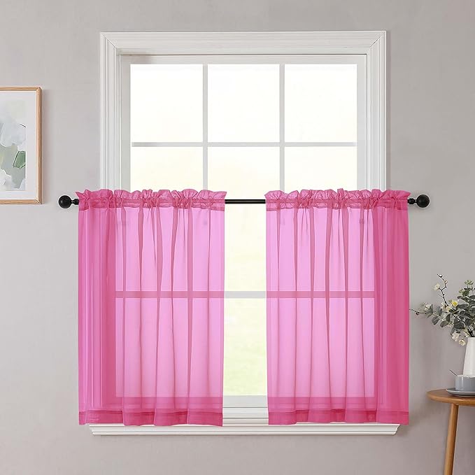 Hot Pink Kitchen Curtains 30 Inch Length Tier 2 PCS, Solid Soft Airy Half Curtains for Windows, Sheer Rod Pocket Drapes for Bathroom Basement Small Window, Hot Pink, 42" Wx30 L Inches