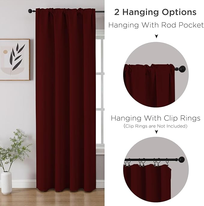 CUCRAF Burgundy Red Blackout Curtains 45 inch Length 2 Panels Set, Rod Pocket Room Darkening Drapes for Bedroom Living Room, Insulated Thermal Light Blocking Window Curtain (W52 x L45 Inch)