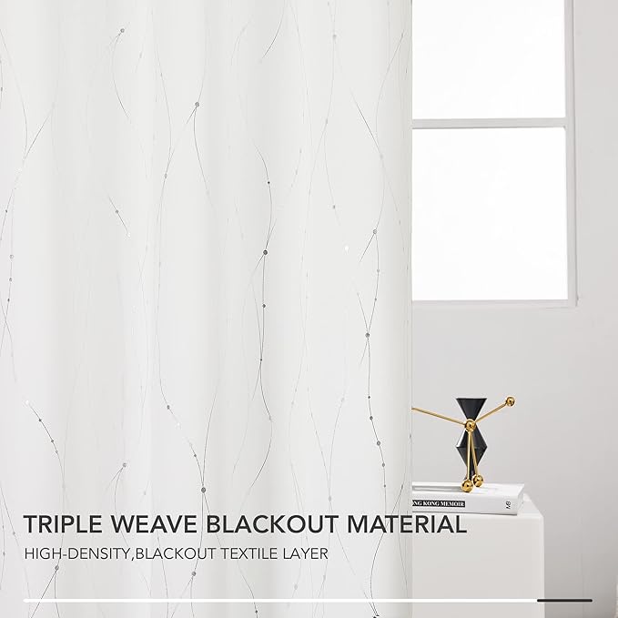 Deconovo White Short Curtains, Room Darkening Curtain, Thermal Insulated Soundproof Drapes, Wave Dots Silver Print, 38 x 45 Inch, Grommet Top, Window Panels for Living Room Bedroom Kitchen, Set of 2