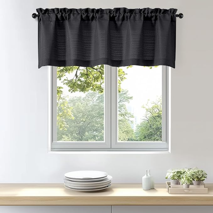 OWENIE Bob 1 PCS Black Valances for Windows, Faux Linen Textured Kitchen Window Curtains Valance for Bedroom Living Room, Modern Soft Airy Solid Rod Pocket Bathroom Cafe Curtain, 60Wx22L Inch