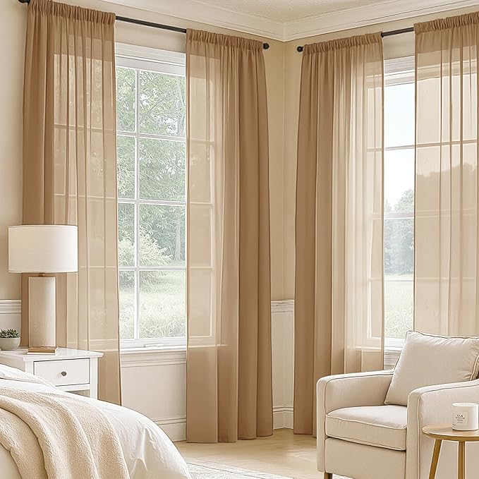 MIULEE Brown Sheer Curtains 96 Inches Long, 4 Panels Set, Rod Pocket Voile Drapes Light Filtering and Semi Transparent, Elegant Window Treatments for Bedroom Living Room,42 x 96 Inches