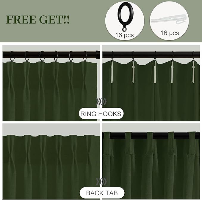 IVAPUPU 96 Inch Linen Curtains for Living Room, Pinch Pleated Semi Sheer Curtain Light Filtering Modern Memory Trained Back Tab Drapes with Hook for Bedroom Farmhouse, Olive Green, W40xL96, 2 Panel