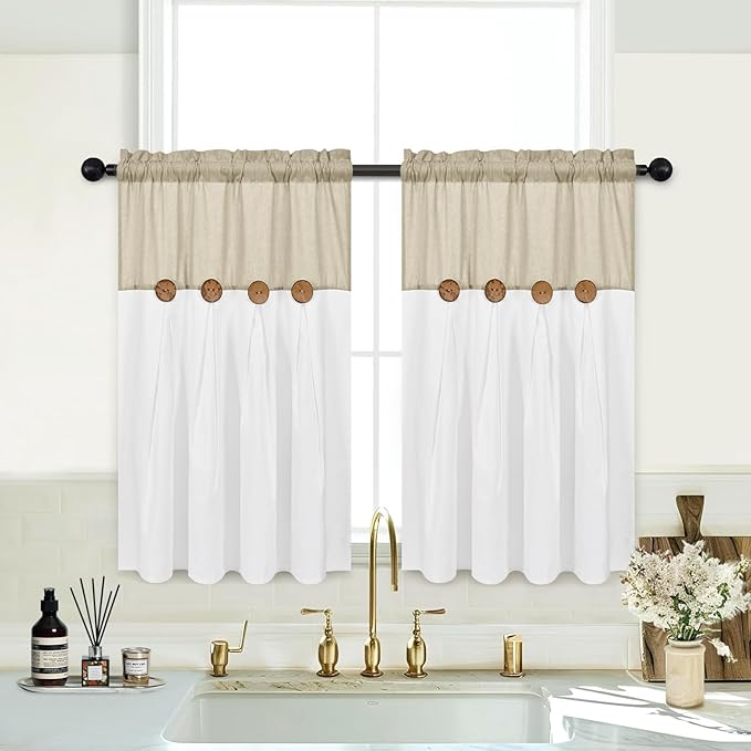 Boho Kitchen Curtains 36 Inch Length, Farmhouse Cotton Linen Tier Curtains, Rustic Button Short Curtain for Windows, Country Cafe Rod Pocket Small Window Curtain, Linen and White, 26x36