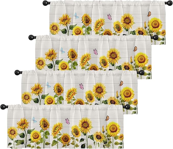 Emvency 4 Pack Valances Window Treatments, Farmhouse Sunflower Spring Summer Butterfly Blackout Adjustable for Living Room Bathroom Bedroom Kitchen Over Sink, 52x18 Inch Rod Pocket Valances