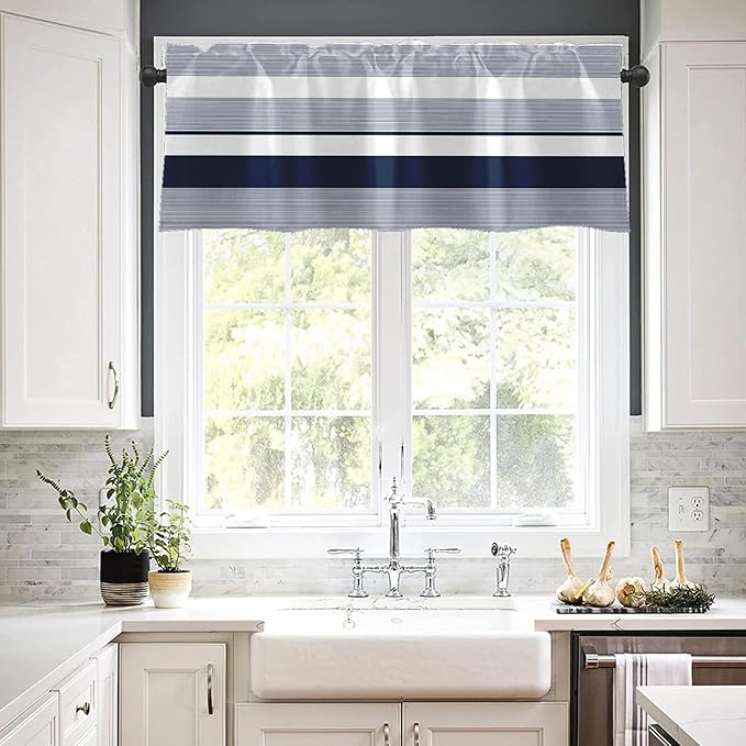 Emvency 2 Pack Valances Window Treatments, Striped Navy Nautical Minimalist Coastal Geometric Drapes Adjustable Curtain for Windows Living Room Kitchen Over Sink, 52x18 Inch Rod Pocket Valances