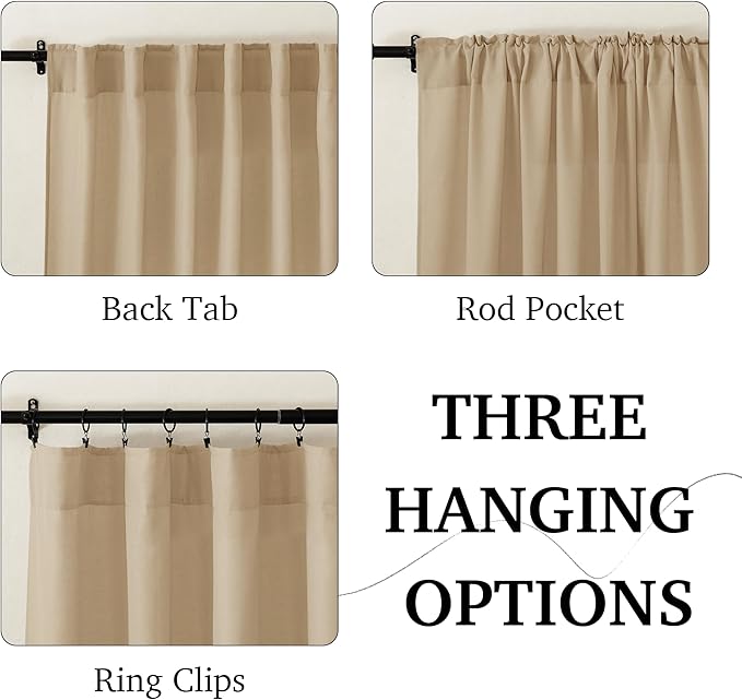 RYB HOME Linen Sheer Curtains for Living Room Bedroom, Back Tab 108 inches Farmhouse Boho Rustic Decoration for Dining Room Nursery, Camel, W 52 x L 108 inches, 2 Panels Set