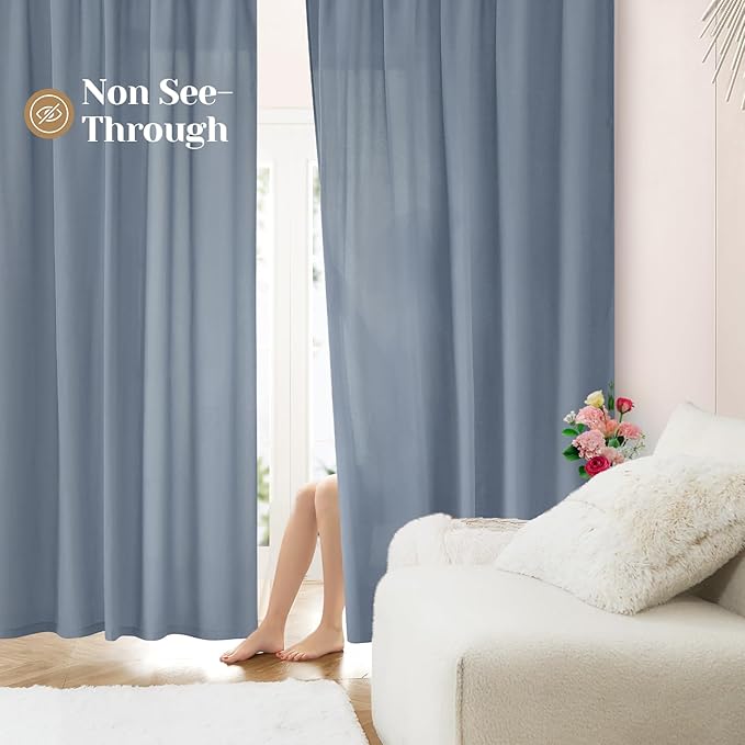 HOMEIDEAS Non-See-Through Stone Blue Privacy Sheer Curtains, 52 X 54 Inches Long 2 Panels Sheer Curtains Light Filtering Window Drapes for Bedroom Living Room