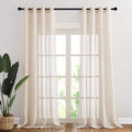 NICETOWN 90 inch Beige Curtains Linen Sheer Faux Flax Window Drapes, Grommet Decorative Keep Privacy Semi Sheer with Light Filtering for Living Room/Bedroom, W52 x L90, 2 Panels