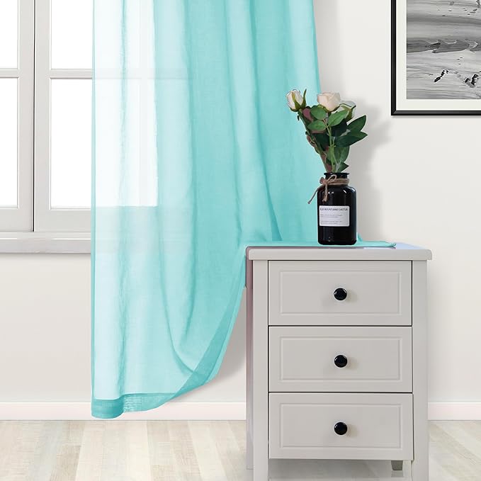 DWCN Aqua Sheer Curtains Semi Transparent Voile Rod Pocket Curtains for Bedroom and Living Room, 52 x 63 inches Long, Set of 2 Panels