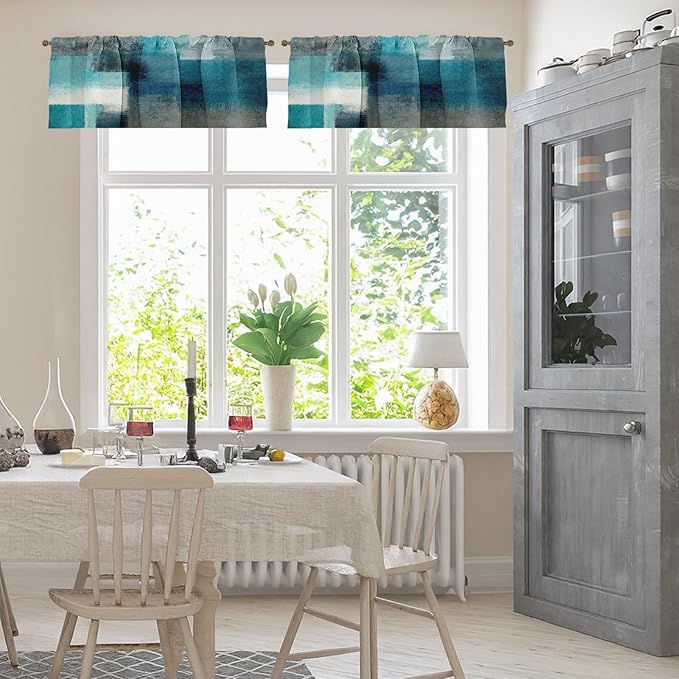 Emvency 4 Pack Valances Window Treatments, Turquoise Abstract Modern Art Blackout Adjustable for Living Room Bathroom Bedroom Kitchen Over Sink, 52x18 Inch Rod Pocket Valances